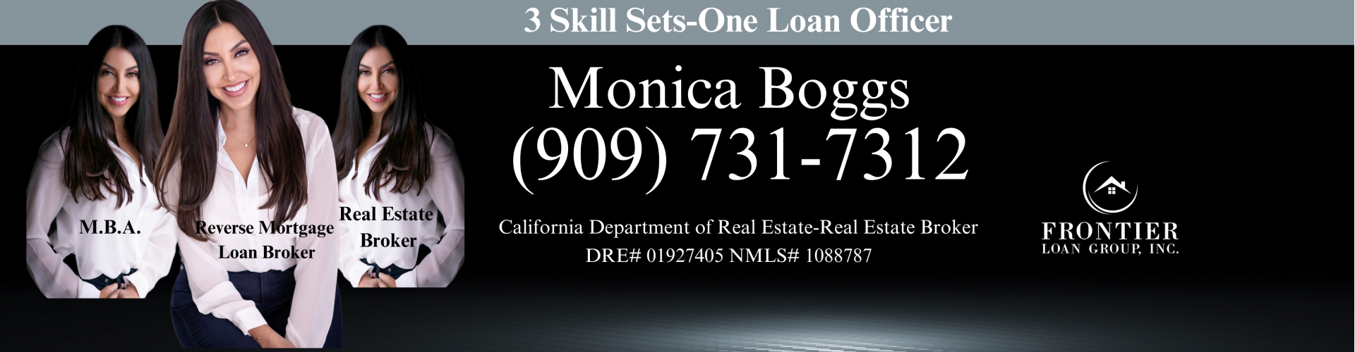 3 photos of a woman named Monica Boggs with "M.B.A.," "Real Estate Broker," and "Reverse Mortgage Loan Broker" over her photo.